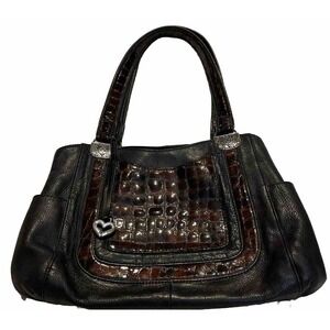 VTG Brighton Black Soft Leather Croc Embossed Shoulder Bag purse Silver Accents